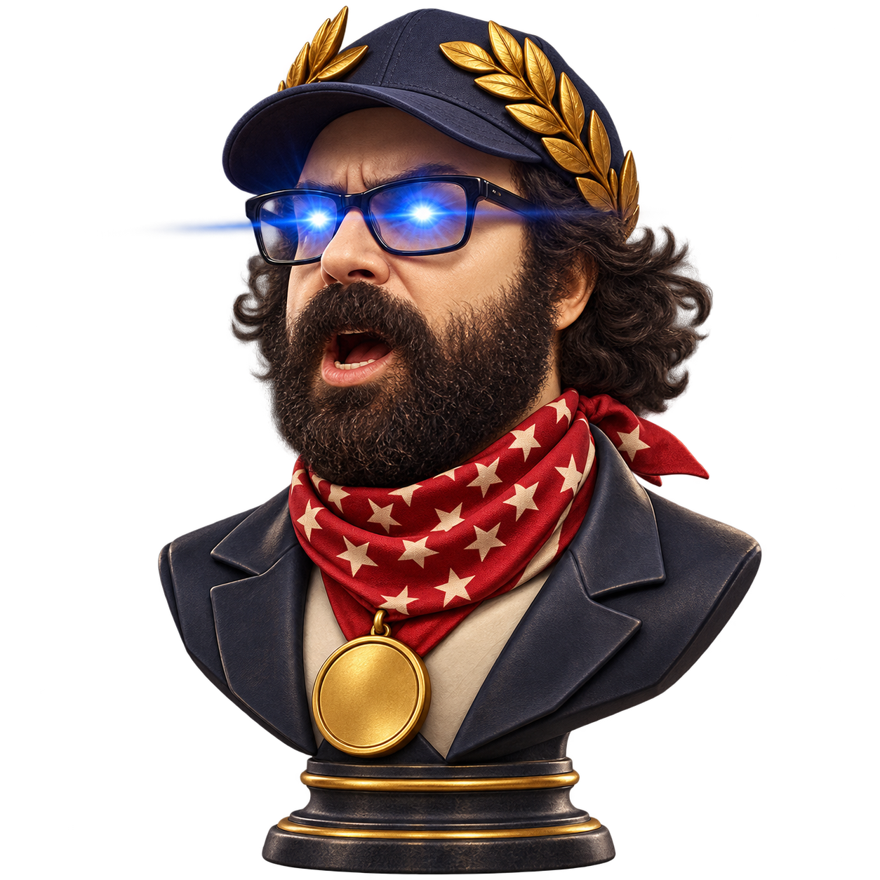 Perry with a gold laurel crown, signature beard and blue laser eyes